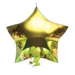 High resolution photograph of a inflated green star foil balloon