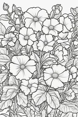 flowers coloring page for kids, petunia, cartoon style, thick outline, low details, no shading, no color