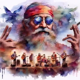 A dreamy watercolor painting showcases an elderly man with a long, flowing white beard and warm, kind eyes, radiating the spirit of an old hippie. He stands centered, wearing a tie-dyed headband with a “peace symbol” prominently displayed, his face subtly layered with a double exposure revealing a blurred, vibrant stage performance, hinting at a lifetime immersed in music. Soft, diffused light illuminates his gentle smile and highlights the intricate details of his weathered face, casting a warm