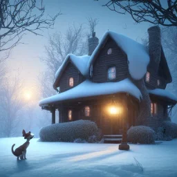 SAD, SCARED, LONELY DOG TIED UP OUTSIDE WITH A HOUSE IN BACKGROUND, WINTER, 8k resolution, high-quality, fine-detail, intricate, digital art, detailed matte, volumetric lighting, illustration, 3D octane render, brian froud, howard lyon, selina french, anna dittmann, annie stokes, lisa parker, greg rutowski