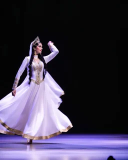 azeri female full bdy with traditional dance clothing in modern stage in a royal hall