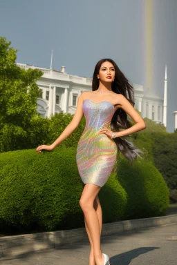 full body long shot of beautiful Tajik woman with make up ,high heels,pretty body shape ,standing nice high heels Tajik in street next to white house, hair in the wind, the gaze lost. diamonds and precious stones. fog. candy. pleasing rainbow colors to look at. high resolution. Perfect face. long shot ,sharp focus background ,camera :f/22 , White Hose be in sharp focus .