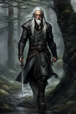 ancient grizzled, gnarled elf vagabond wanderer, long, grey hair streaked with black, highly detailed facial features, sharp cheekbones. His eyes are black. He wears weathered roughspun Celtic clothes. he is lean and tall, with pale skin, full body , thigh high leather boots and has a dark malevolent aura within swirling maelstrom of ethereal chaos in the comic book style of Bill Sienkiewicz and Jean Giraud Moebius in ink wash and watercolor, realistic dramatic natural lighting