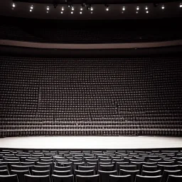 a single chair on stage under spotlight close up view facing empty audience at a dark and empty symphony hall