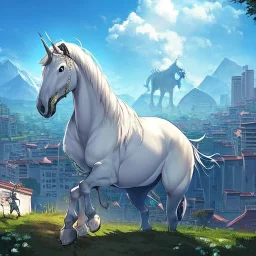 town on top of hill, unicorn