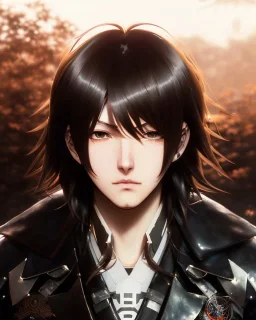 Detailed sad male anime boy with long brown hair, intricate details, full body portrait, keep head in frame, slight, black Japanese motif, concept art, highly detailed, digital painting, concept art, sharp focus, illustration, art by Yoji Shinkawa, WLOP and greg rutkowski and alphonse mucha and artgerm and yanjun Chen and Junji ito and Makoto Shinkai, HDR, octane render