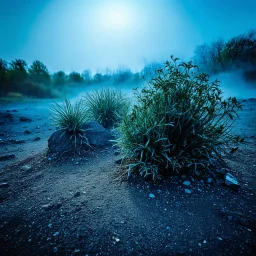 A striking quality photograph captures a wasteland with groups of plants, creepy, details of the dust very accentuated, glossy organic mass, adorned with minerals and rocks. Bathed in intense light, eerie, Max Ernst style, blue sun, fog