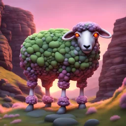 Bipedal creature resembling a sheep that is covered in rock armor that is half magna and half light-pink and covered in vivid green moss with three glowing orange eyes background pink canyon sunset in plein air art style