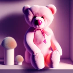 pastel pink teddy bear sitting on a store shelf alone surrounded by dust, sad, drawing