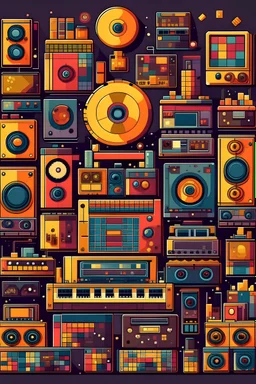 много музыкальных вещей и виниловых пластинок в стиле pixel art