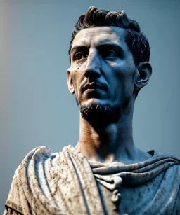 Ultra Realistic image, roman sculpture, marble deluxe material, Angel di maria soccer player, Greece Laurel crown, miguel angel style, chisel style, emperador, waist up portrait, cinematic lighting, God light, god rays, 4k resolution, smooth details, ornate details, soft lighting, unreal engine 5, sky background.