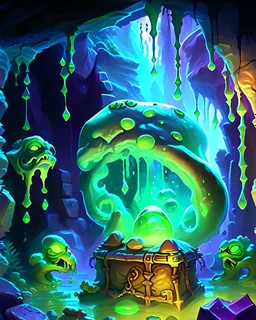 a slimy dripping gelatinous cube in vast dungeon cave room with treasure chests rpg art painterly