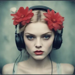 Grunge Polaroid head shot of jessica stam,,she has freckles on her face, pouty lips, red nose, hair adorned with strange flowers, red cheeks and nose, headphone