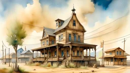 watercolor painting, An old western town with a large two-story building, likely a hotel or saloon, in the center. The building has a wrap-around porch and ornate architectural details. In the foreground, there are dirt roads and telegraph poles. The sky has some clouds and a seagull flying overhead, creative, detailed brush stroke, minimal spalsh