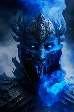 blue smoke in a shape of humanoid and a colour of a storm with eyes wearing a scalemail armor