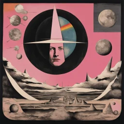 And if your head explodes with dark forebodings too I'll see you on the dark side of the moon, Pink Floyd album cover art, asymmetrical maximalism, by Hannah Hoch, liquid color ink illustration, dark brooding colors.