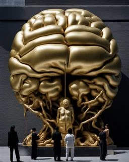 a huge golden inflated sculpture of brain supported by very small beautiful Asian female human bodies, Communist propaganda slogan banner,complex surgical instruments,a newborn boy between light and shadow, black background,surrealism, symbolism, minimalism, sculpture by Lucian Freud, Rene Magritte, Salvador Dali