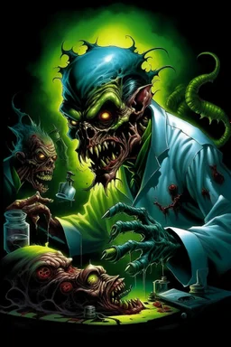 High_Quality_Art Digital Painting of Science experiment Horror surgeon Monster zombie creature by Richard Corben, Todd Schorr, T-Shirt Design, Black Background,