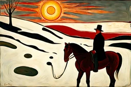 atıyla karda yürüyen şapkalı kürt adam.gökyüzü gri.ve kırmızı bir güneş.by edward munch