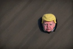  Looking down at a baby Who looks like donald trump in a Baby carriage wearing a bonnet on the sidewalk in new york city