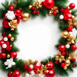 Christmas minimal background, with scattered bells, wreaths, ribbons, presents and ornaments around the frame of the image, gold, red and green tones, style is like watercolor, white background