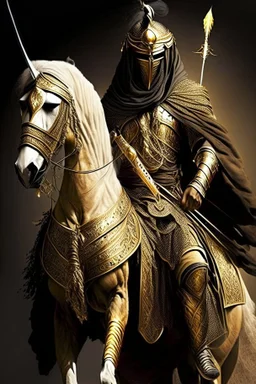 Arab warrior Full Body Full Armored Wearing Face Masculine Mysterious Powerful Fantasy High Quality Carrying his bow Golden clothes His horse behind him