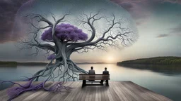 back to the camera a figure sittings on amorph bench in a beautiful landscape and overlooking the water of the nearby lake, calm, harmonious atmosphere, muted dark colors, purple, white, gray, green, blue, brown, silver, black , ,not too colorful colors, Whimsical style and giant stunning neuron network all over the sky, half shadow and half light abyss, surreal stunning vibe
