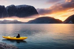 highly detailed glacial lake landscape, sunset, cinematic lighting, 4k, 8k, octane render, popular on 500px, pinterest, extremely detailed, ambient lighting, single frame, small fiberglass yellow solo narrow symmetrical sea kayak on rock pebble beach in foreground, norway, iceland, fjord