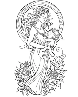 mother with his sun coloring page, full body (((((white background))))), only use an outline., real style, line art, white color, clean line art, white background, Sketch style