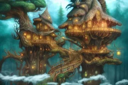 stunning fantasy treehouse of the eaglefolk in the deep wood, concept art, digital art, hyperdetailed, surreal, beautiful lighting, arches, shadows, enchanting, magical, photorealistic, intricate detailed, studio ghibli, by jack vance
