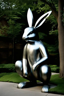 Giant metal rabbit sculpture. Photograph.
