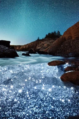  eau riviere, rocher avec mousse, petis cristaux, éclairage ambiant ciel étoilé.