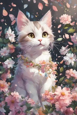 high resolution,best quality anime, highres,Full Body, 8k character concept,8k, pixiv, illustration, ultra-detailed, face focus,Line Art,Ink,acrylic painting,pastel painting,mysterious,elaborate,dof,Laughing cat with a bouquet of flowers,confetti of flowers, kawaii, thick eyebrows, smile, pastel colors, pop art, anime style, very delicate brushwork, clear, vivid, face Clear