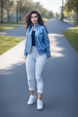 full body of very beautiful girl with pants and blouse and jacket , curvy hair ,standing idle pose in studio pretty makeup,perfect face,sport shoes