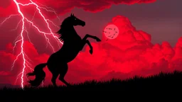 full silhouette of a horse rearing up(on right, facing left, outlined by lightning), red cloudy sky, lightning bolts(from top left, to bottom right), fantastic illustration