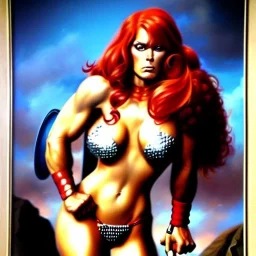 Epic full body portrait of busty atletic young beautiful Red Sonja fighting a Gorilla Boris Vallejo styles