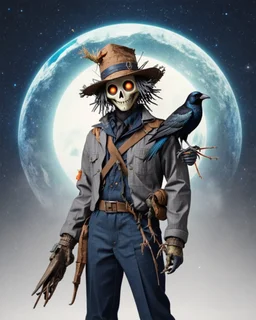 terrifingly cute cyberpunk scarecrow holding a crow, in the style of Android Jones, photography, head to toe, full body shot, white, navy blue grey, very detailed, very clear photo, 3D,