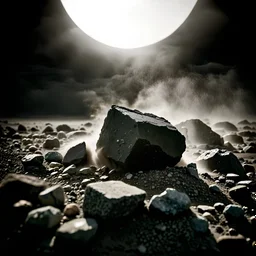 A striking quality close-up photograph captures a wasteland with odd stones, spooky, creepy, details of the dust very accentuated, glossy, organic, adorned with minerals and rocks, fog. Bathed in intense light, eerie, Max Ernst style, black sun, fog, volumetric light