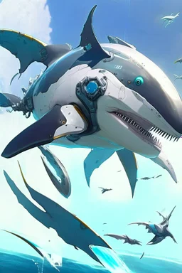 a picture of a shark that is flying in the air, cyborg whale, anno 2070, modern mecha anime, aeromorph, stunning sci-fi concept art, male robotic anthro orca, robotic anthro dolphin, cgsociety ), mecha anthropomorphic penguin, from arknights, cool mecha style, futuristic art style, mecha art