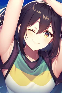 Close up of trendy anime Girl standing on edge of cliff, head towards the sky, eyes closed, sun on face, thankful and smiling, arms open in the air