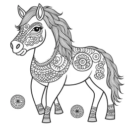 mandala happy baby horse, happy, cute animals, full view, realistic, coloring page, only draw lines, coloring book, clean line art, –no sketch, color, –ar 3:4, white background, minimalistic black lines, minimal black color, low level black colors, coloring page, avoid thick black colors, thin black line art, avoid colors, perfect shape, perfect clear lines,