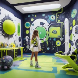 photo-realistic and highly detailed, weird but also humorous, this big room sees very cute girl in neo-dada outfit playing alien creatures in a 4D psionic competition. It is a playroom with surreal boho wall art, white, black, mustard, lime green, indigo geometric paintings, abstract sci-fi dream aesthetic