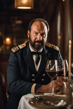 half figure shot photography of a 42 years old serious sicilian waiter in uniform, similar to Bud Spencer, shaved hair, muscular bearded strong chubby man with hands in the pockets, in an elegant empty restaurant, bulge, bullneck, manly chest, unshaved, short hair, photorealistic, dim light , side light, view from the ground