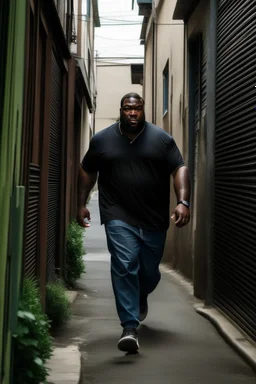 Tall big fat black man really far away running down a alleyway