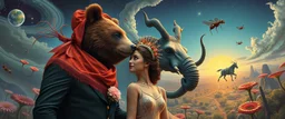 couples promenade portrait of a bear ant eater squid elephant horse dragon floating in 4 dimensions, goa trance movie poster, stylized art, weird endless plants in the style of Dali and Rembrandt