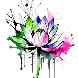 Minimal drawing of a water lily with black ink and filled with abstract watercolor, pink, purple and green, background mostly white, like a canvas.