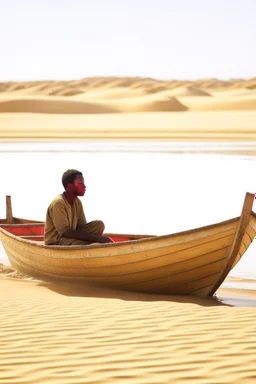 African man , rowing small boat in desert sand