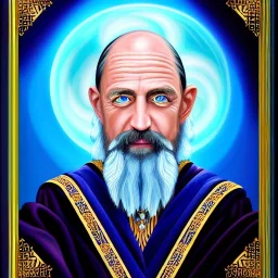 portrait painting of a wizard, ultra highly detailed, intricate details, shiny, sky blue eyes, pipe smoke, metallic, robes, embroidery, runes