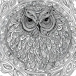 mandala with an owl, foliage, line art, high fidelity, high detail, coloring book page drawing, black and white