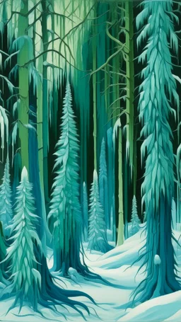 A greenish blue winter evergreen forest with hanging icicles painted by Peter Carl Faberge
